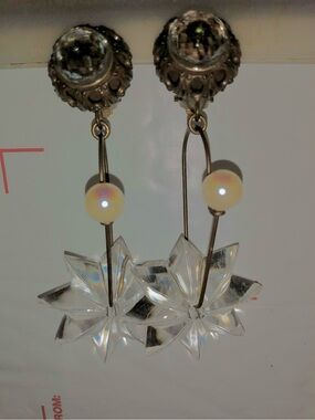 Vintage JL Blin Paris Crystal Star Drop Clip On Earrings with Pearl Accent